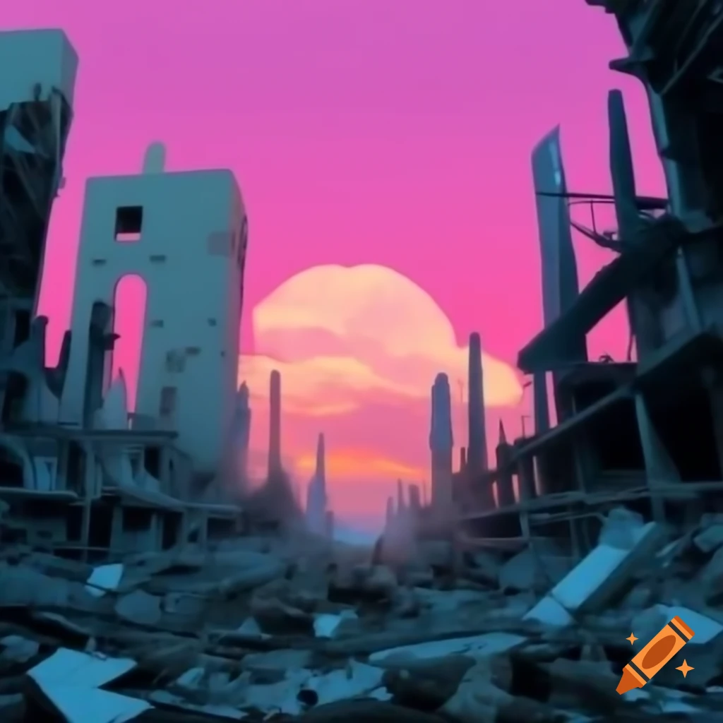 Dystopian cityscape in ruins under pink skies
