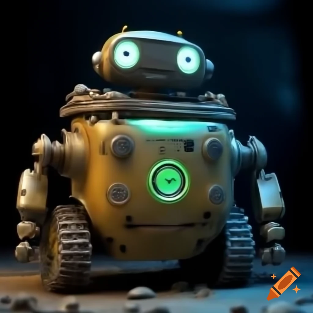 Cute medium-sized robot with wheels and glowing orb in chest