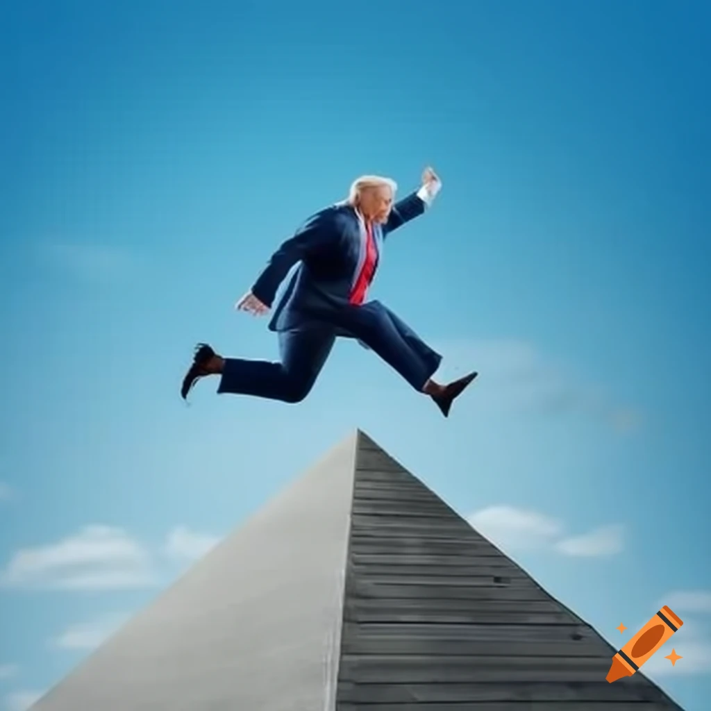 Political satire of Donald Trump falling off financial pyramid