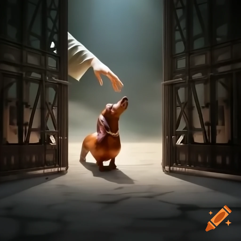 Fantasy image of Jesus reaching out to miniature red dachshund at heaven's gates