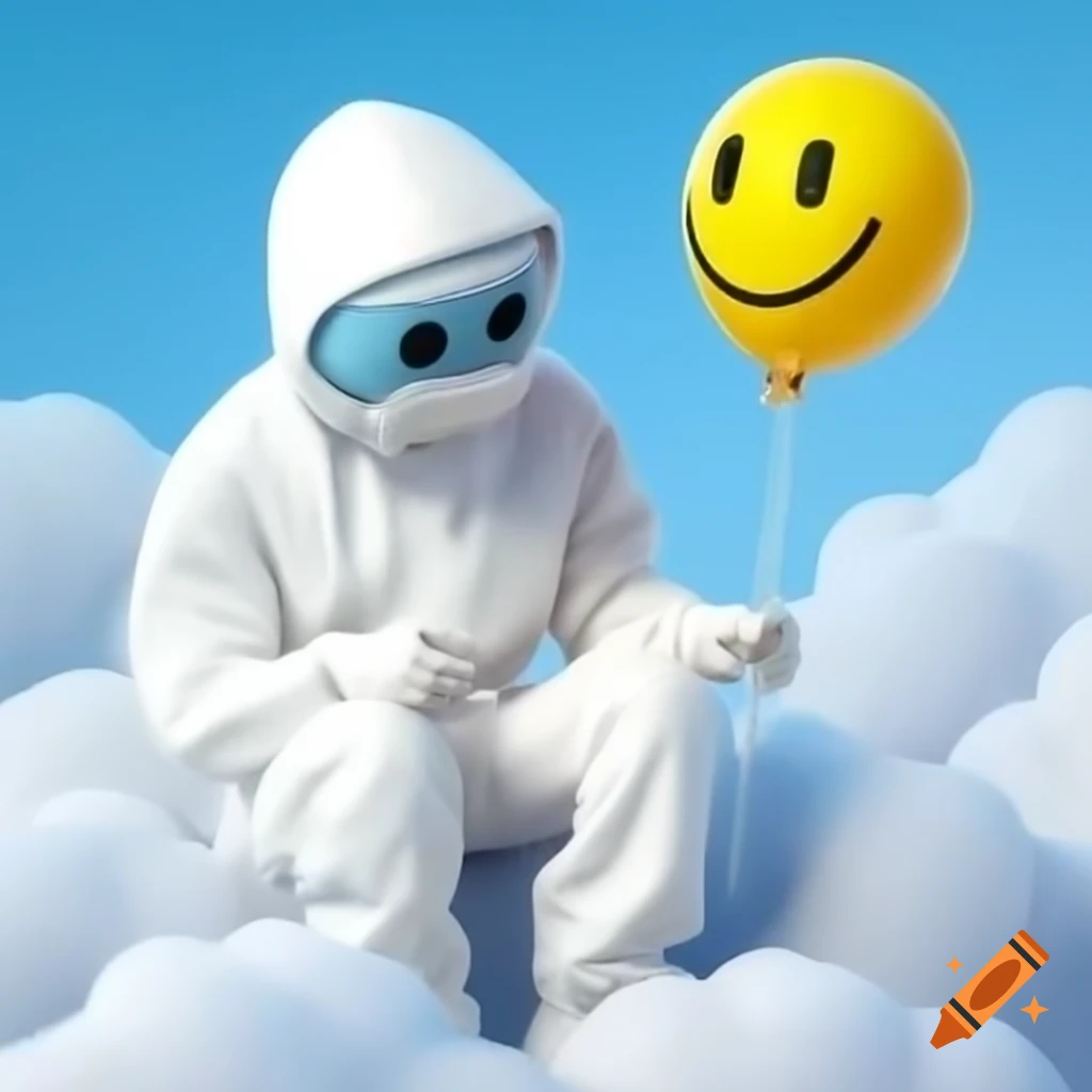 Rapper in hazmat suit sitting in clouds holding yellow balloon and smiling