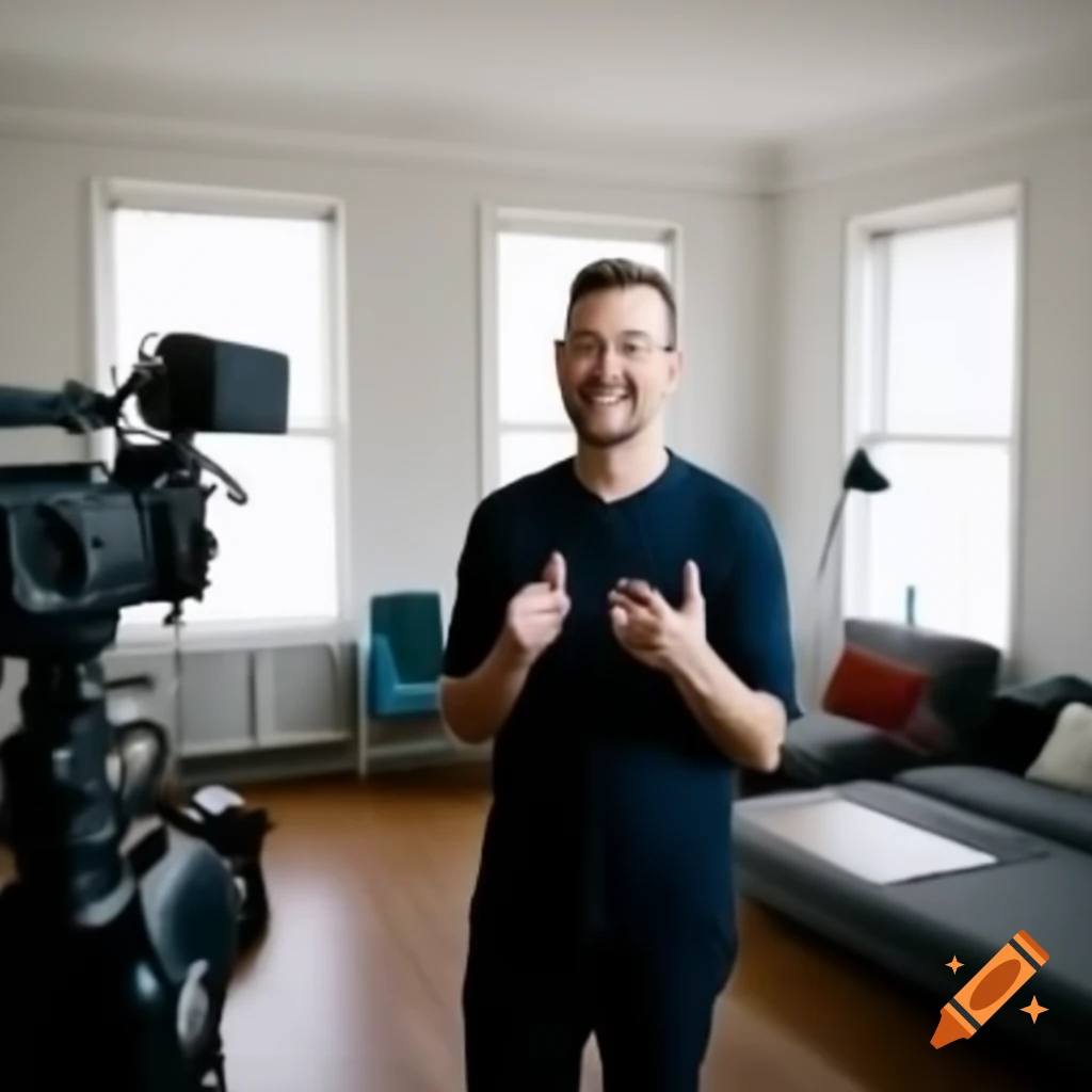 Friendly host engaging with camera in organized room