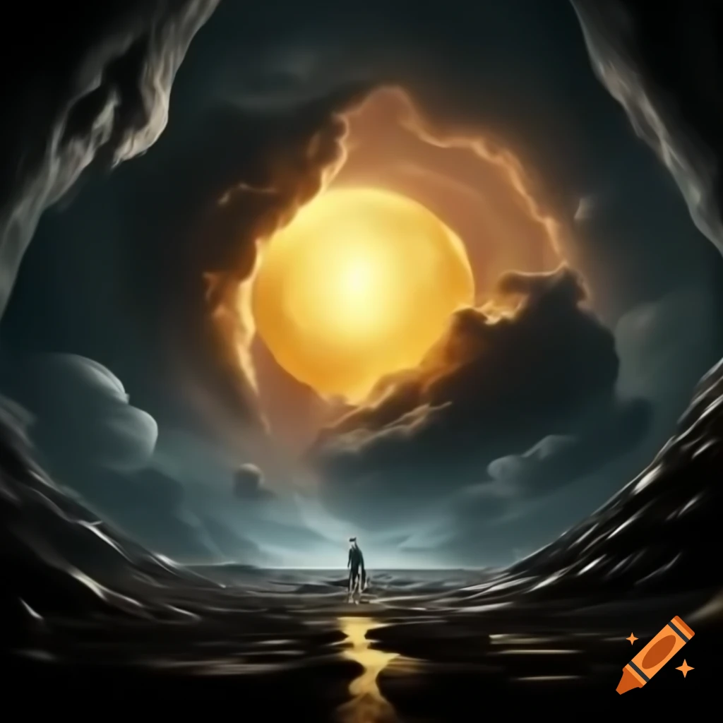 Giant glowing gold orb in cave surrounded by swirling cloud