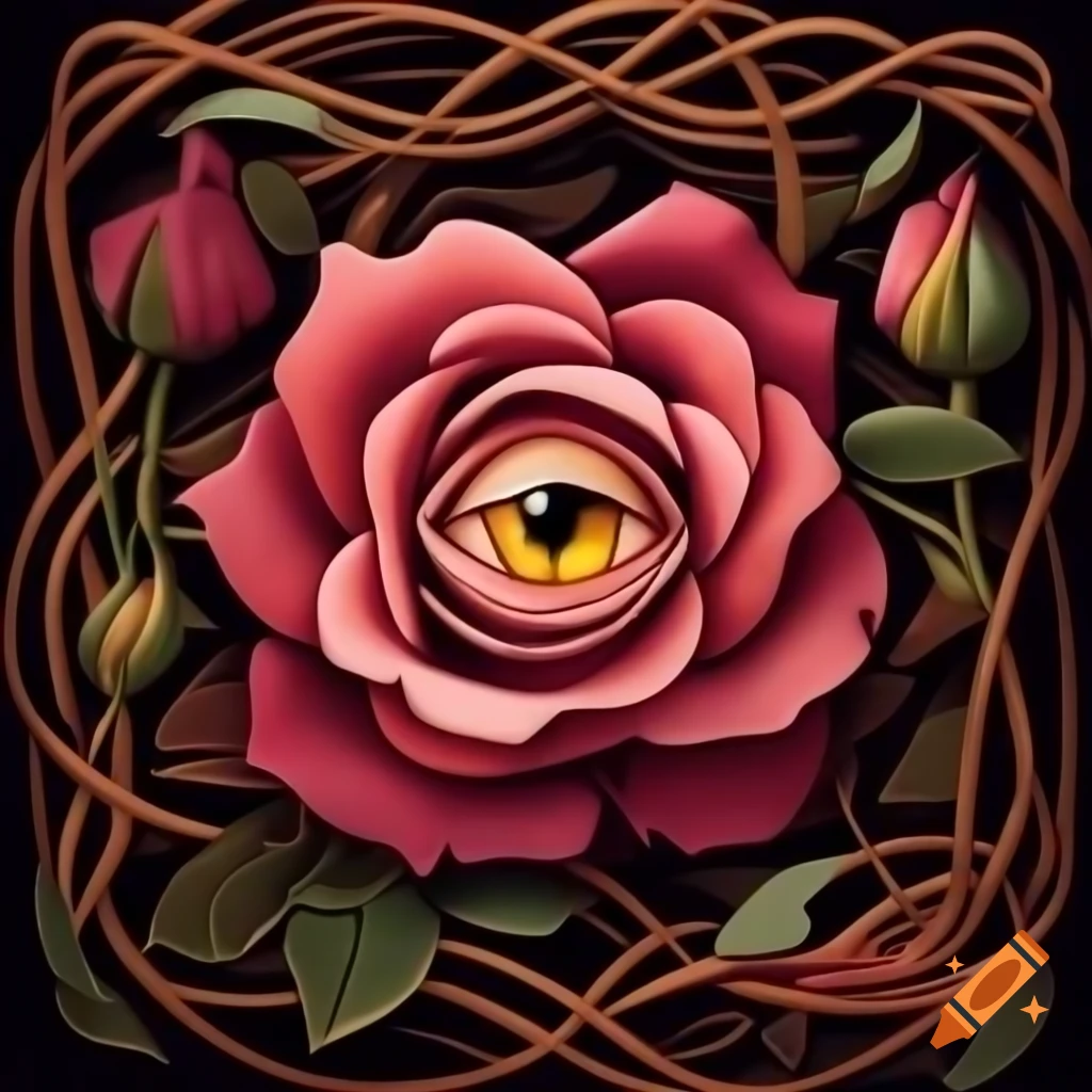 Large dead rose with thorny vines and an eye in the center