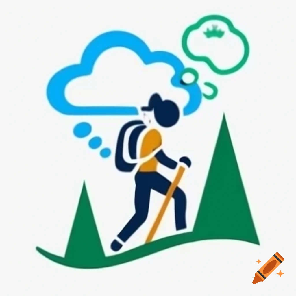 Logo featuring woman hiker in mountains with walking stick and thought bubble