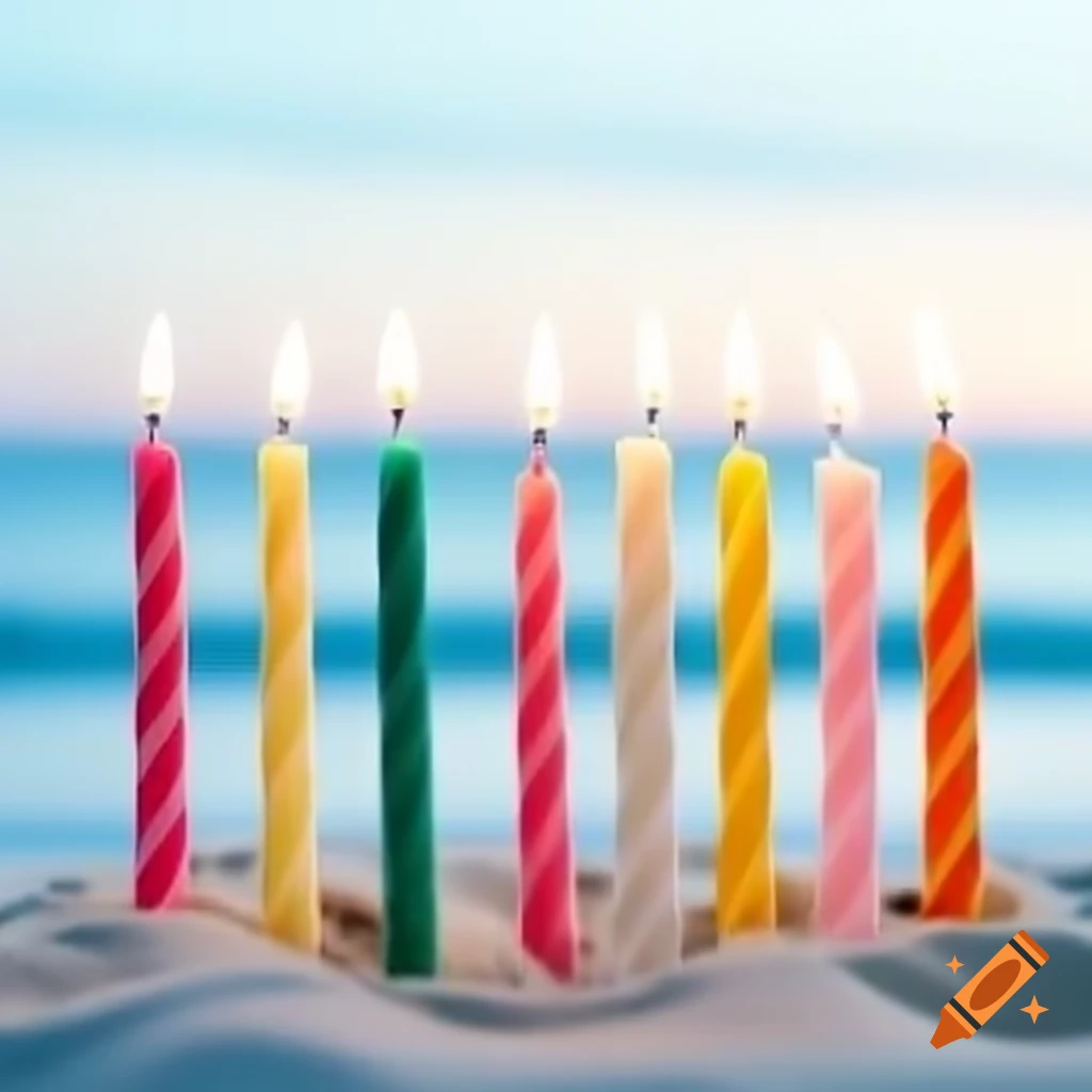 Colorful birthday candles in soft sand on a summer beach