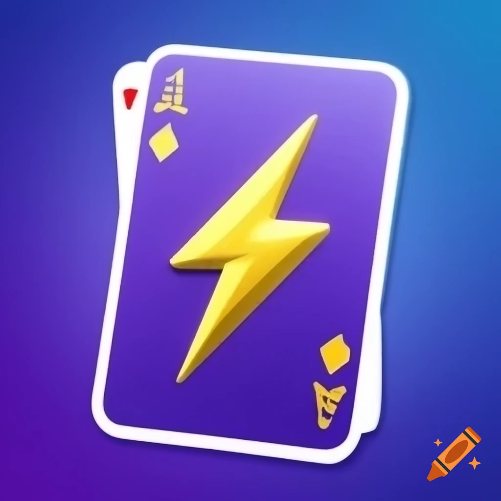 Stylized gold lightning bolt on bold purple playing card with light blue background