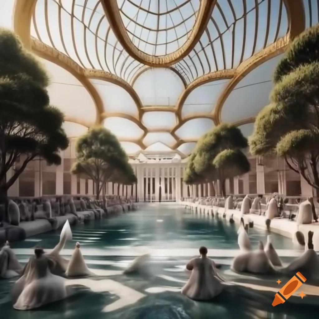 Extravagant royal indoor palace with gold and white decor, flowing river, and people