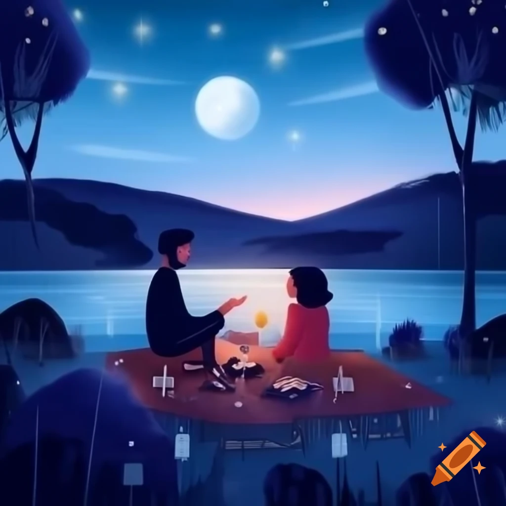 Serene moonlit evening by tranquil lake with stars and full moon