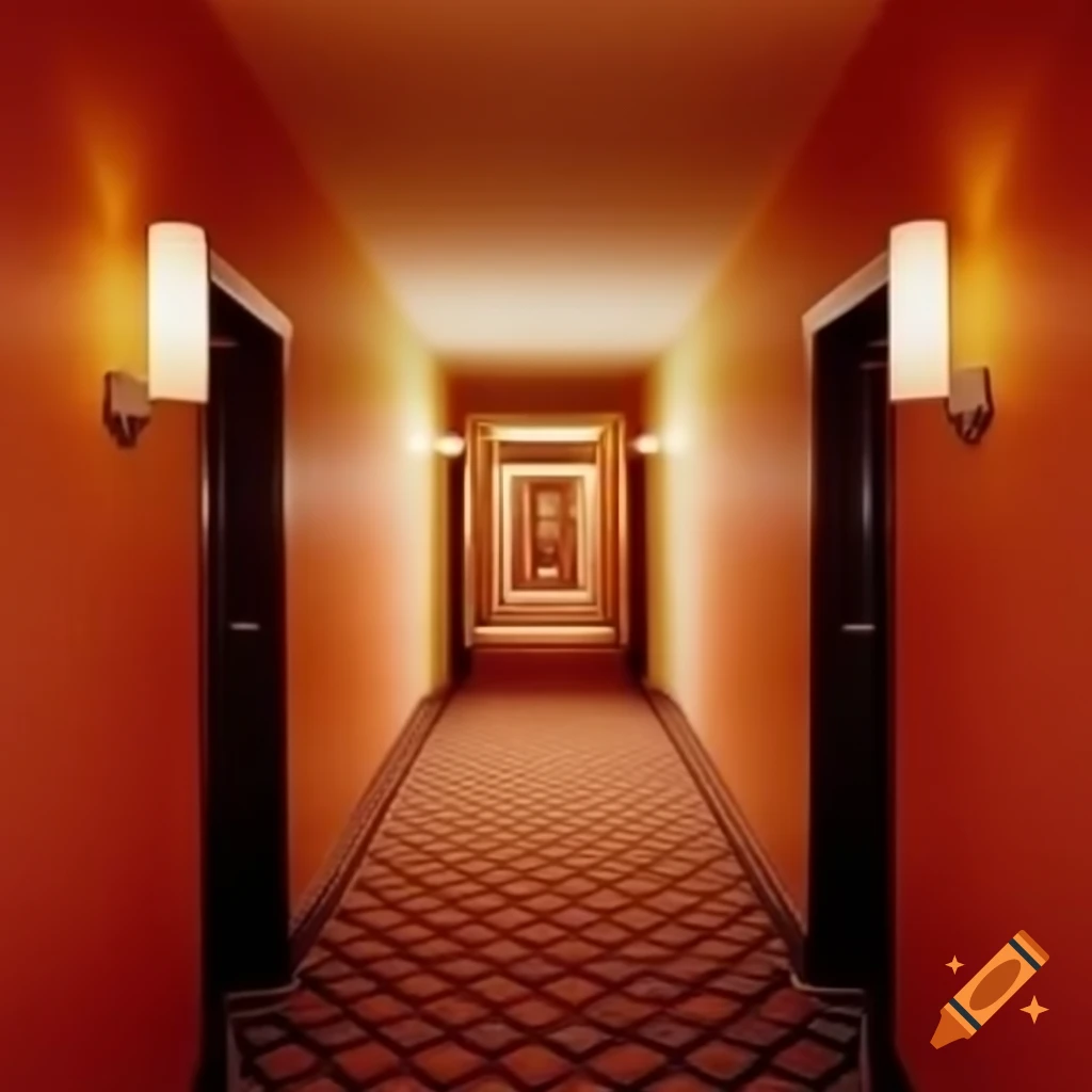 Warm colored 1970s hotel hallway with patterned walls and lamps