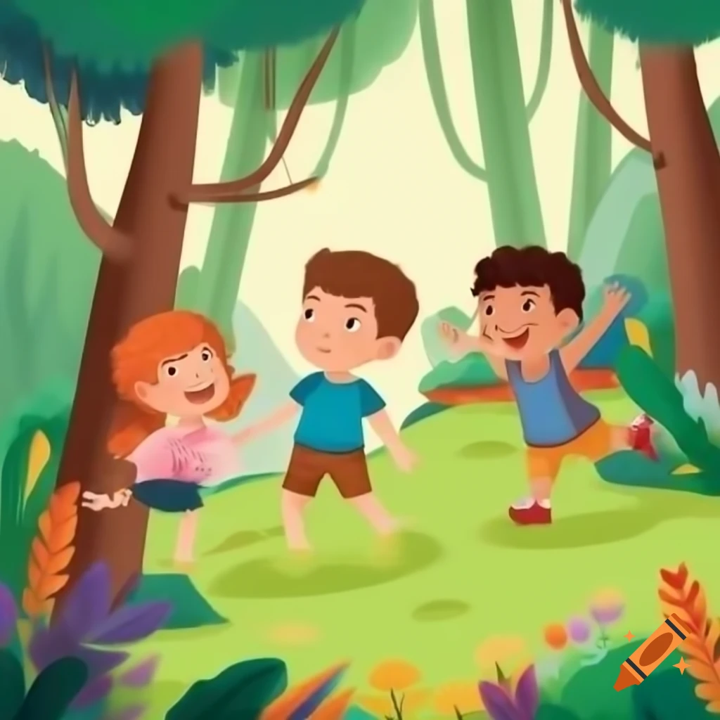 Children playing in a vibrant forest full of tall trees and colorful flowers