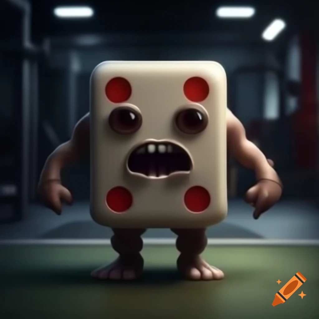Anthropomorphic domino character exercising in gym