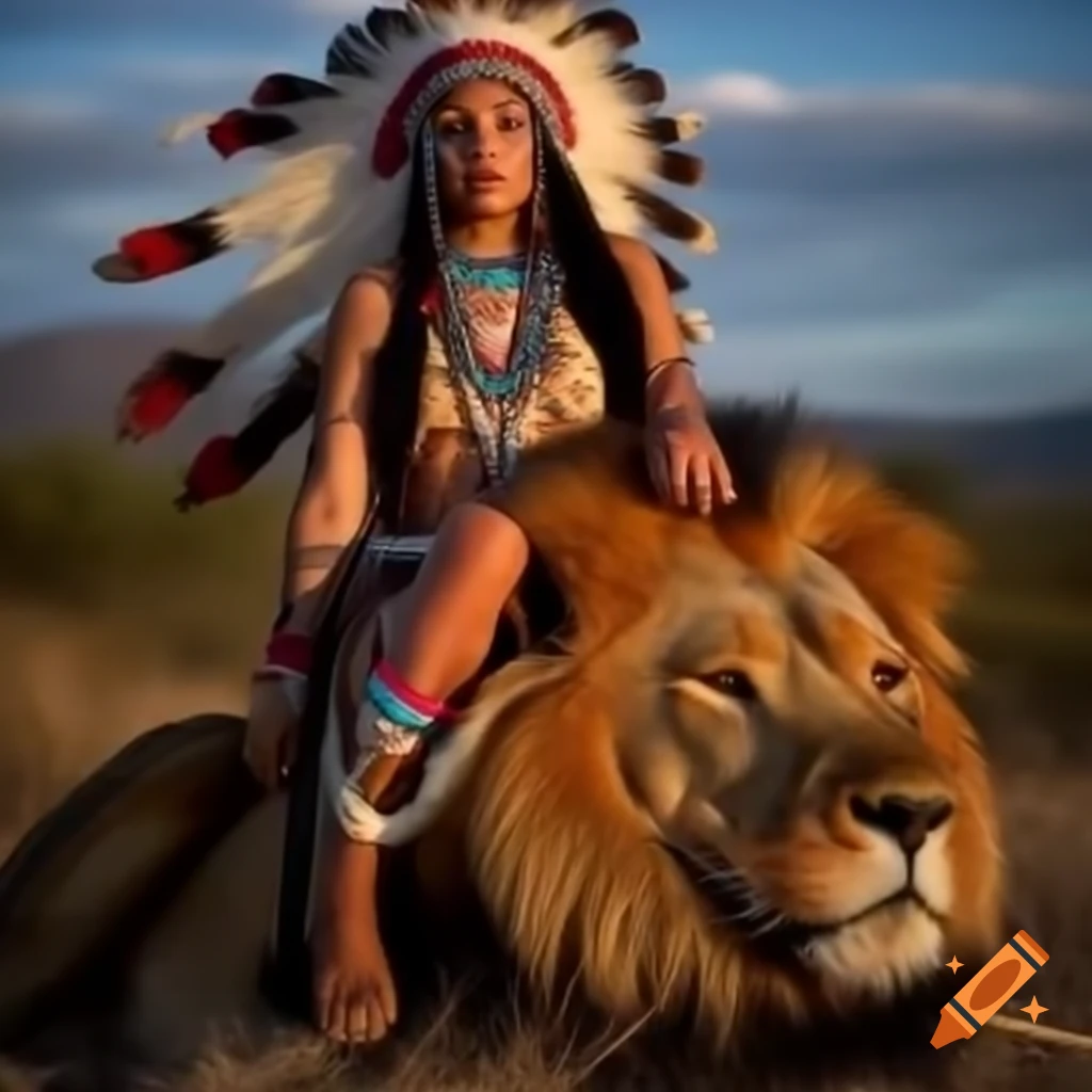 Native American woman with headdress sitting on Lion of Judah against red, gold, and green sky