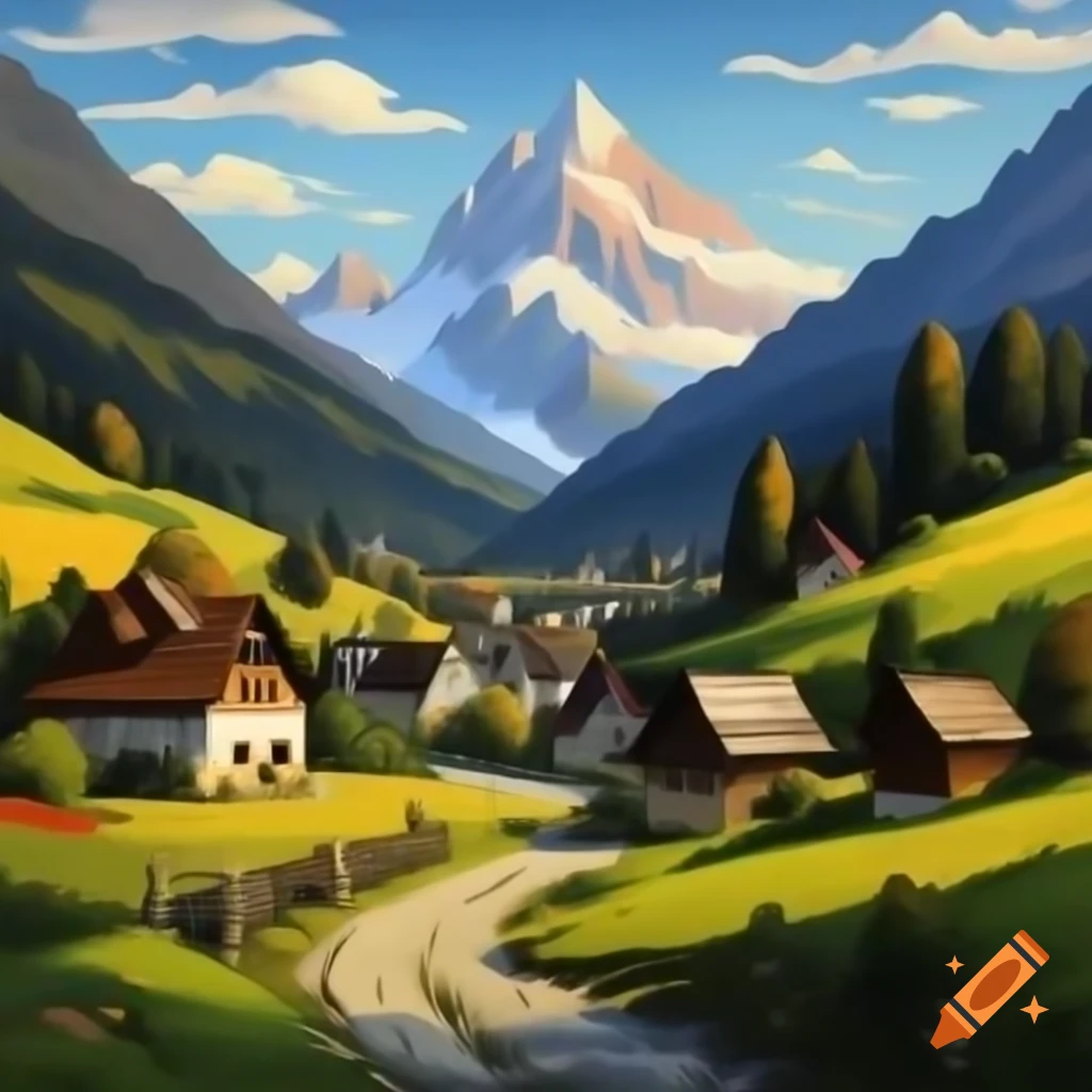 Oil painting of an Austrian village