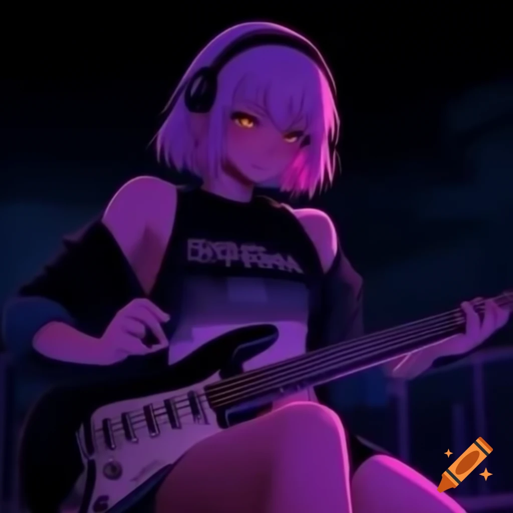 Anime character playing electric guitar on stage with energetic expression, black wavy hair with pink tips