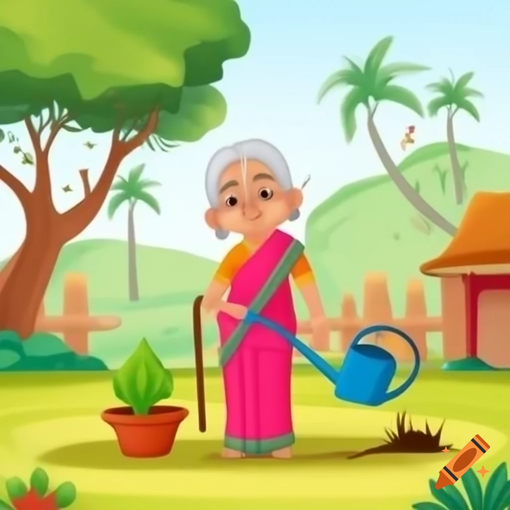 Cartoon of an elderly Indian woman in saree watering plants in village garden