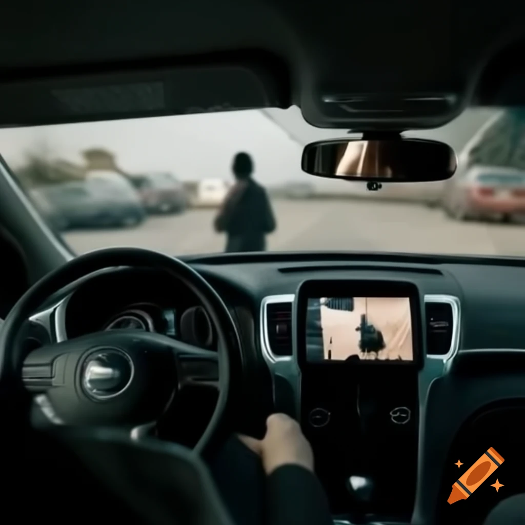Inside car view with driver holding cellphone and person walking outside