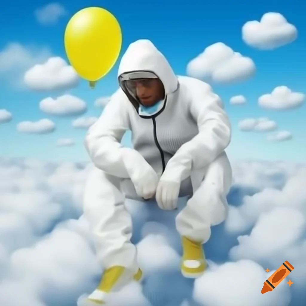 Rapper in white hazmat suit sitting in clouds holding yellow balloon