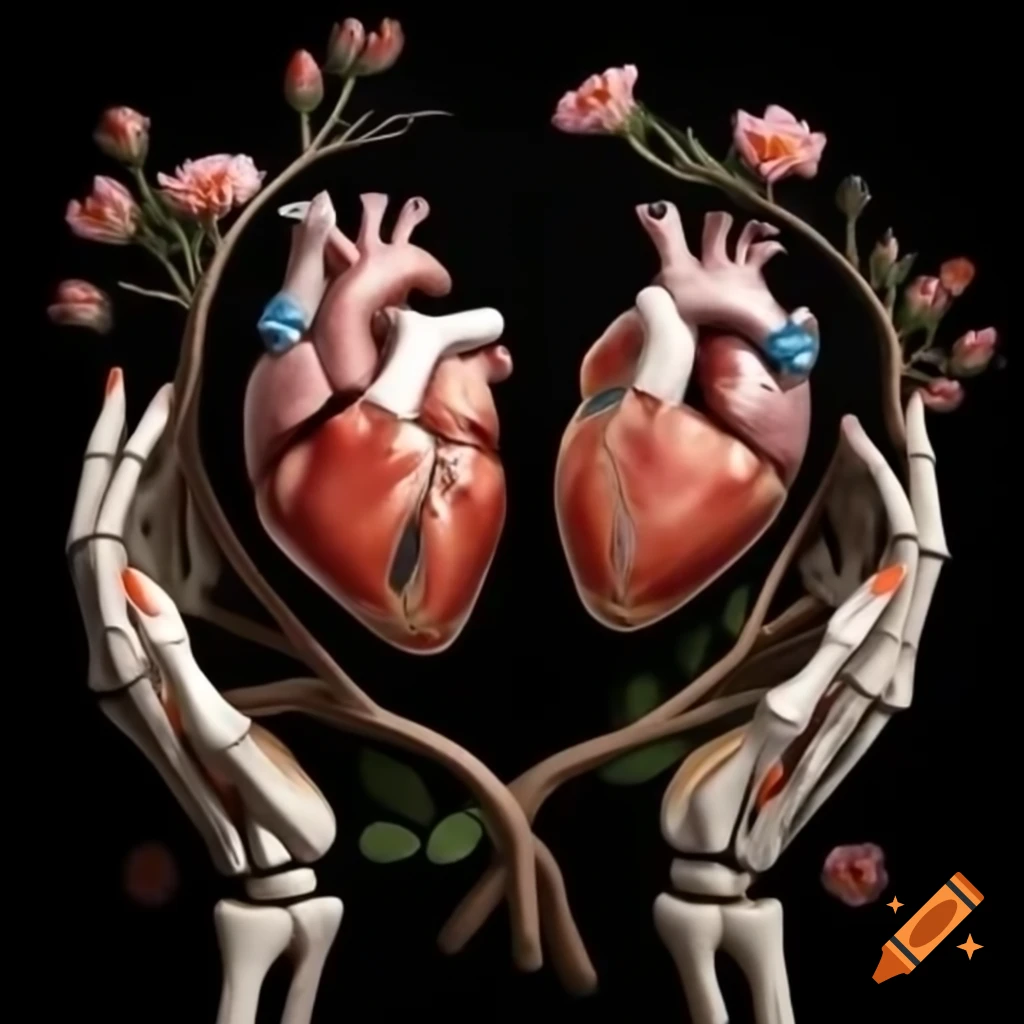 Two skeletons holding anatomical hearts with branches and flowers