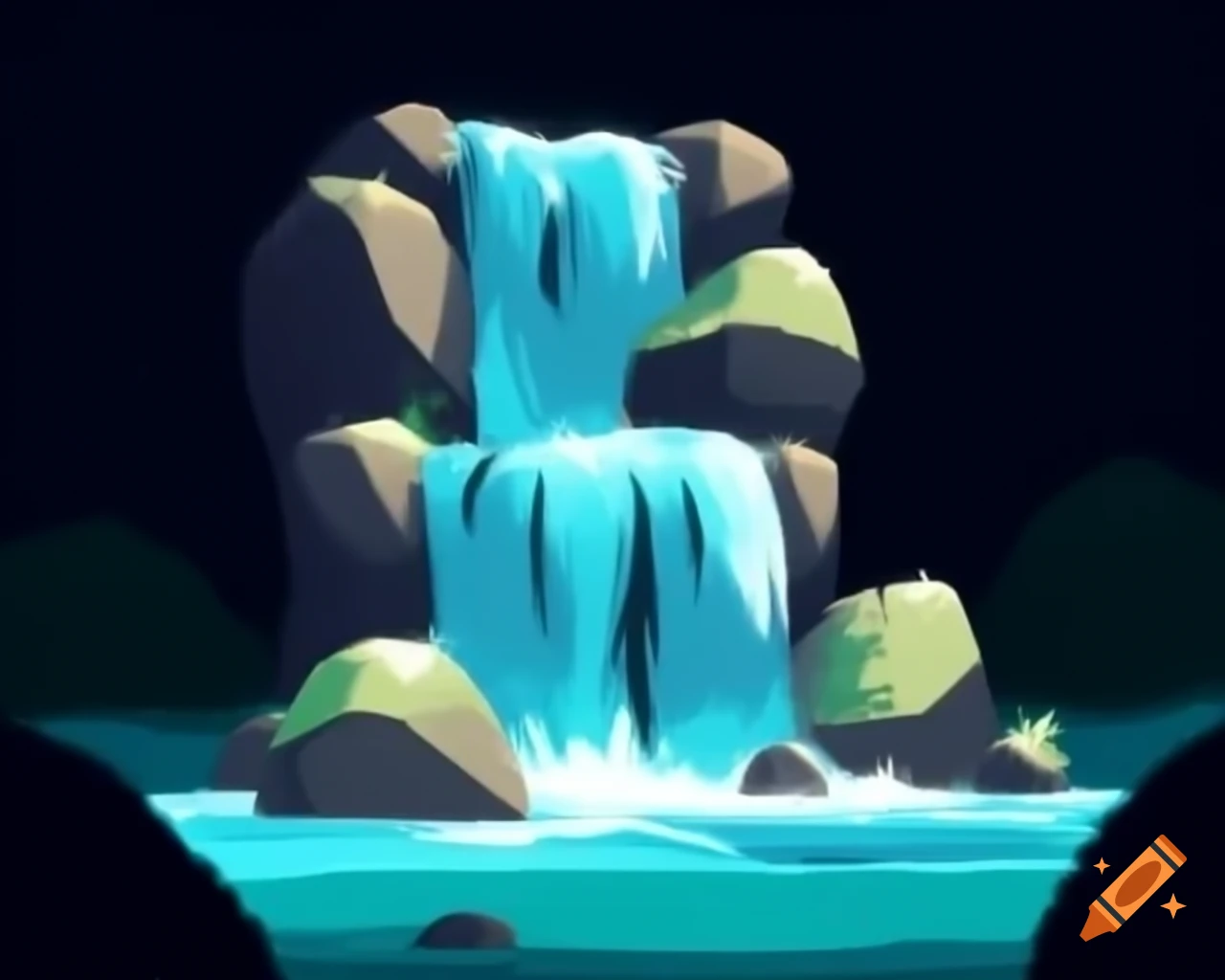 Bubbling brook cascading over stones in video game style