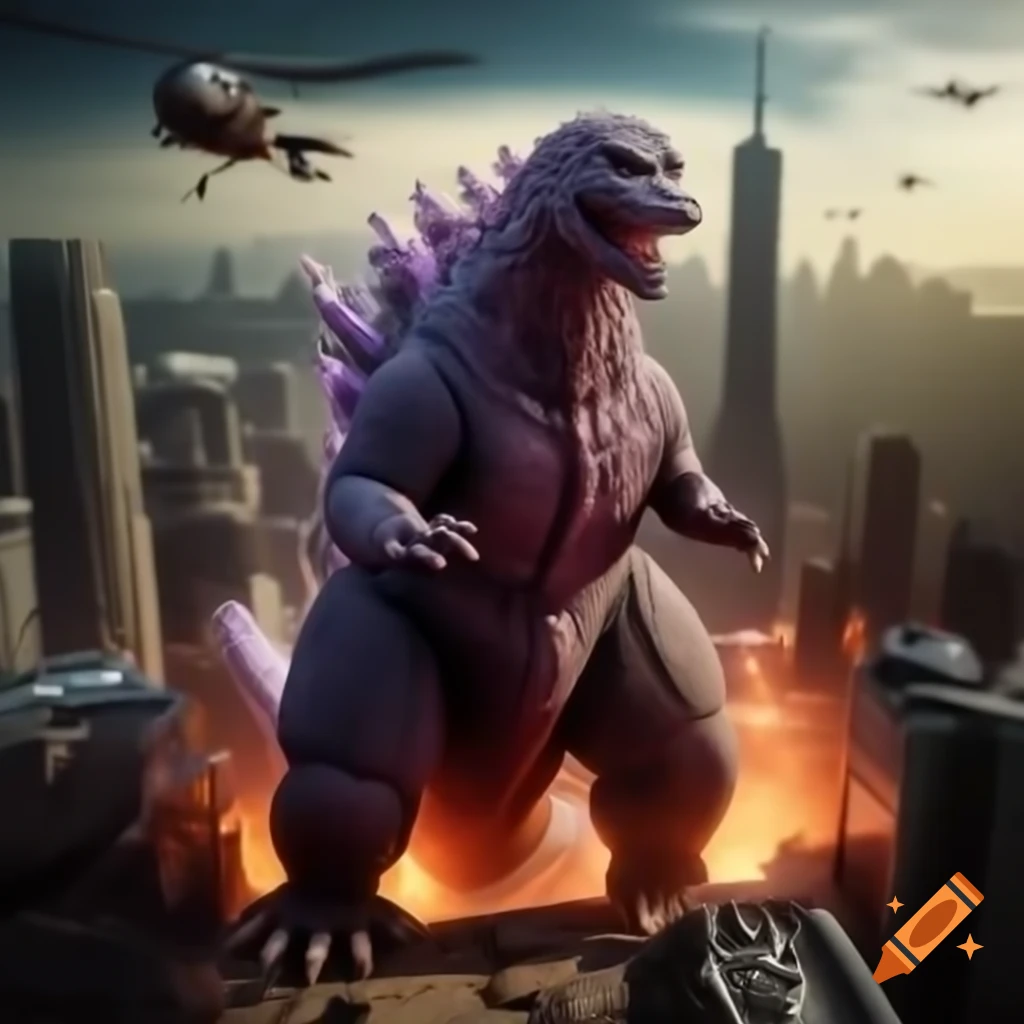 Realistic high angle shot of pink Godzilla charging atomic beam with burning city skyline