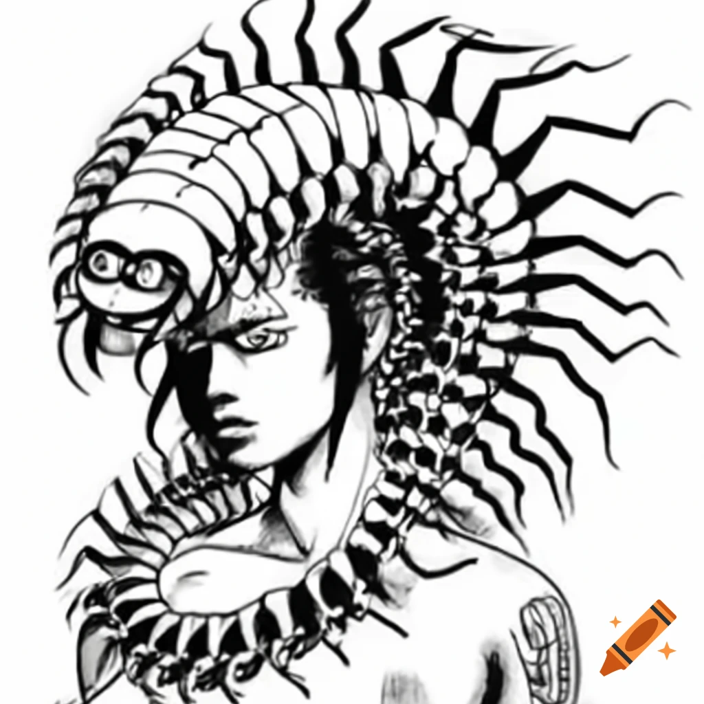 Biomechanic cyberpunk centipede with human face tattoo in Junji Ito art style