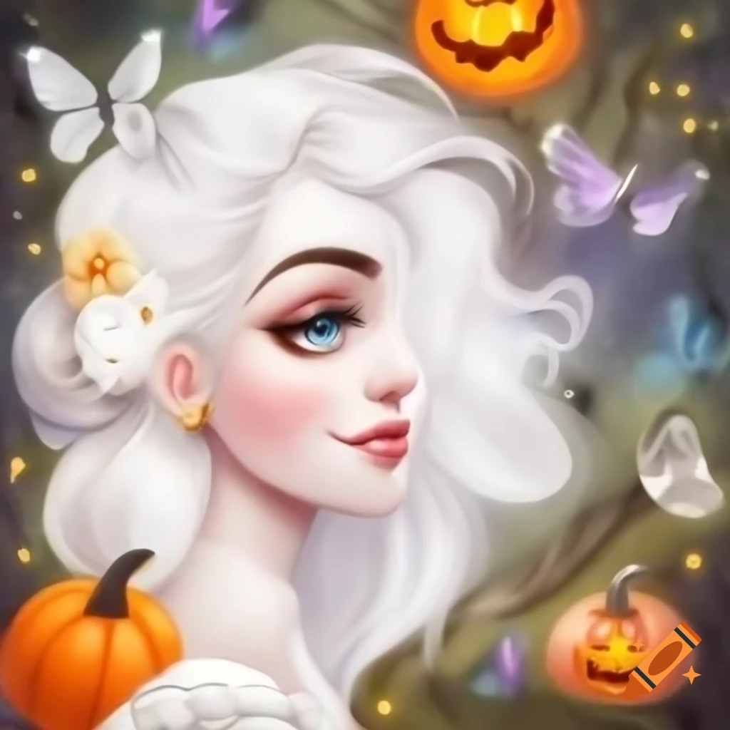 Mystical gypsy portrait with crystal ball and magical light background, featuring flowers and butterflies