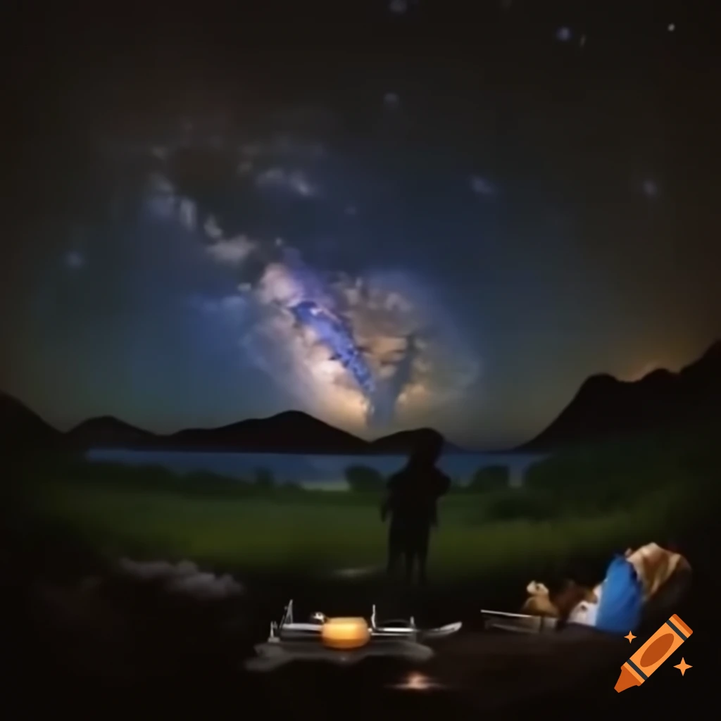 Universe with galaxies above Earth showing mountains, oceans, and city life