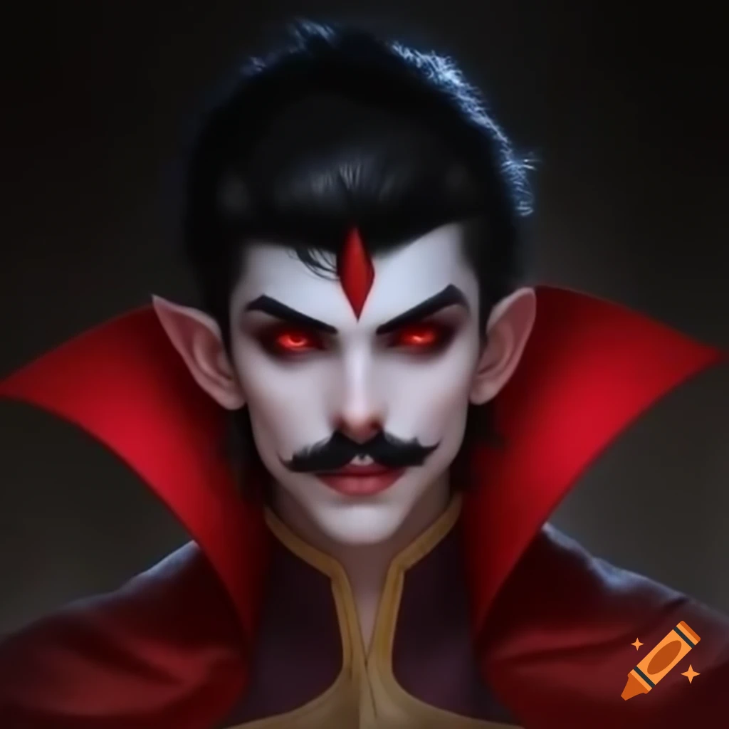 Vampire lord with red eyes and sharp fangs in red caftan and golden cape