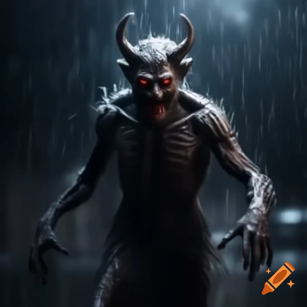 Realistic devil dancing in the rain with a gloomy atmosphere