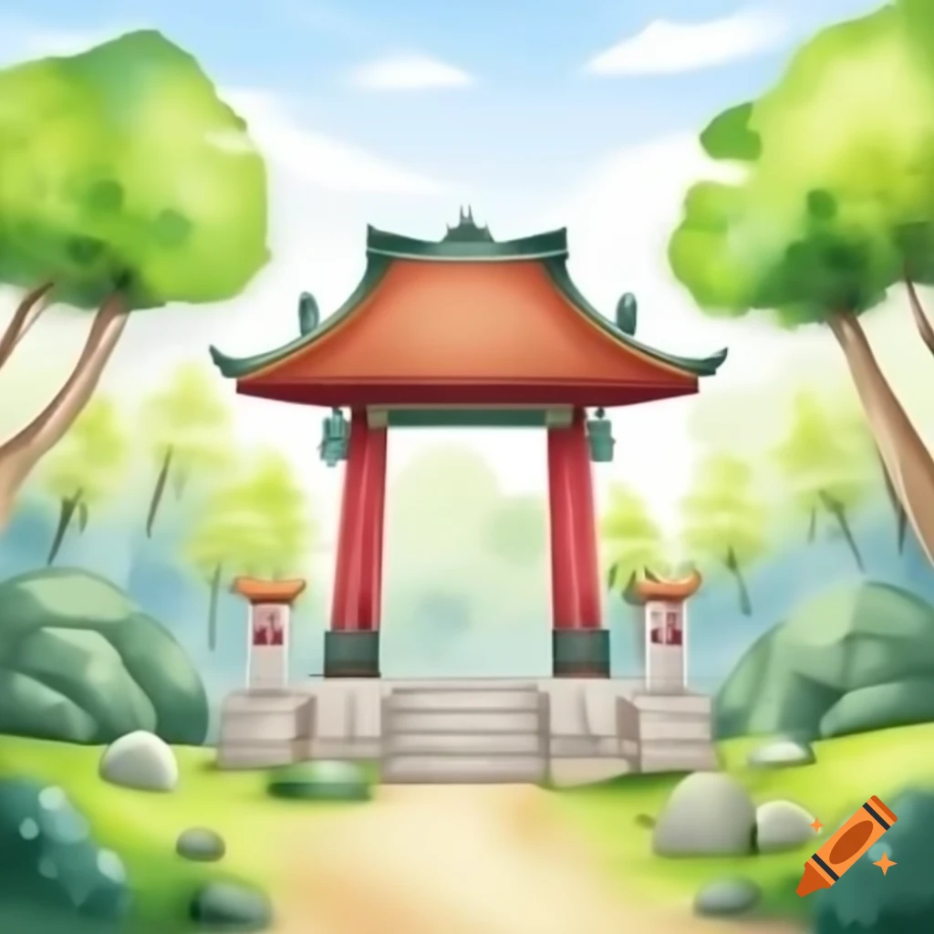Watercolor illustration of a temple in a forest for children's book