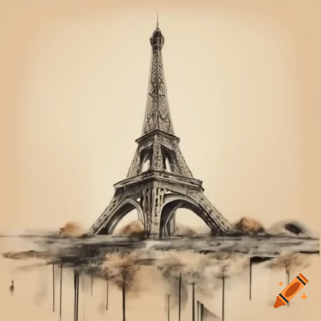 Eiffel Tower ink illustration on beige background