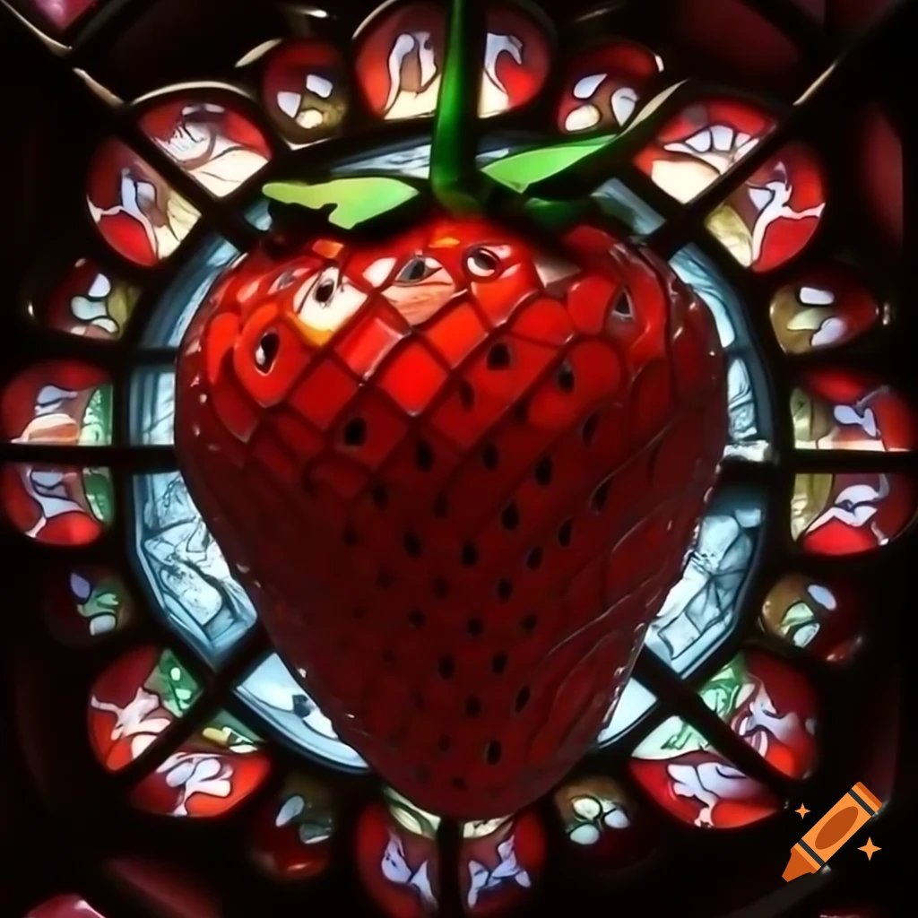 Stained glass window featuring a shiny red strawberry design