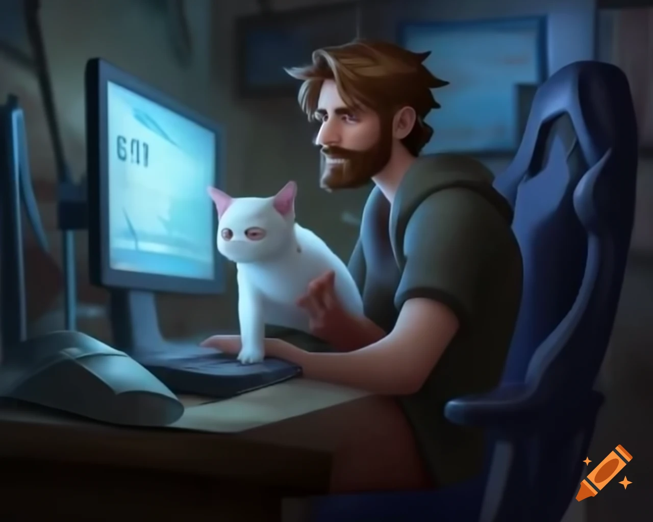 Man with brown hair and beard gaming with white cat in front of computer