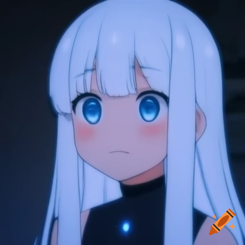 Happy anime girl with long white hair and light blue eyes