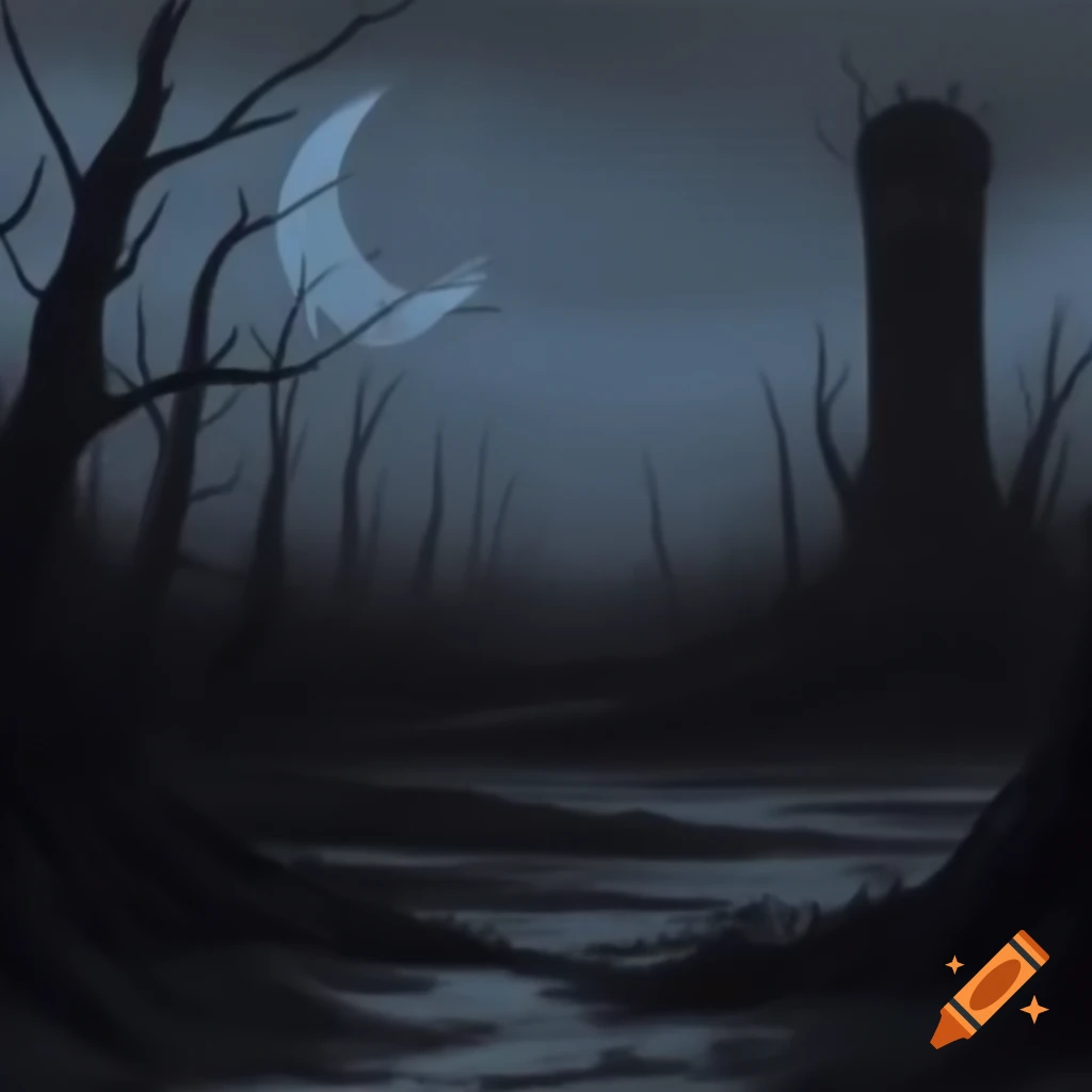 Hand-drawn dark landscape with dying trees, crescent moon, and tall tower