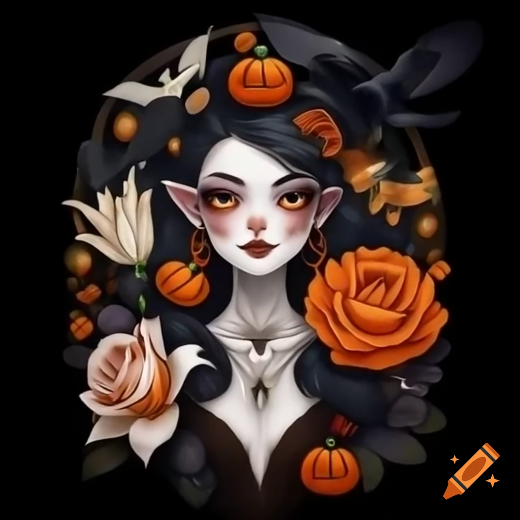 Realistic portrait of a witch with dark roses and bats on black background, illustration by Ernst Haeckel