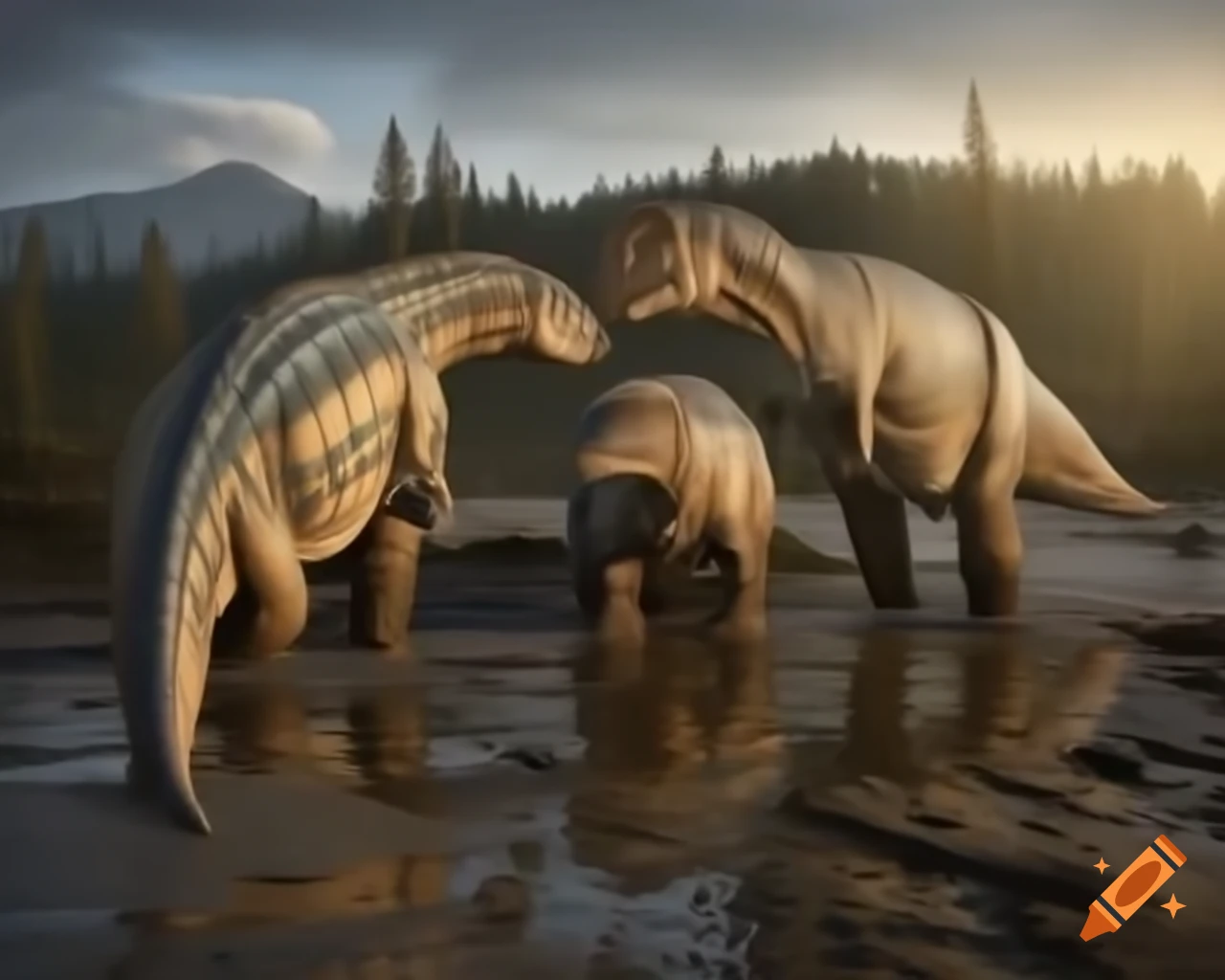 Trio of hadrosaurus along muddy lake bank in British Columbia morning light