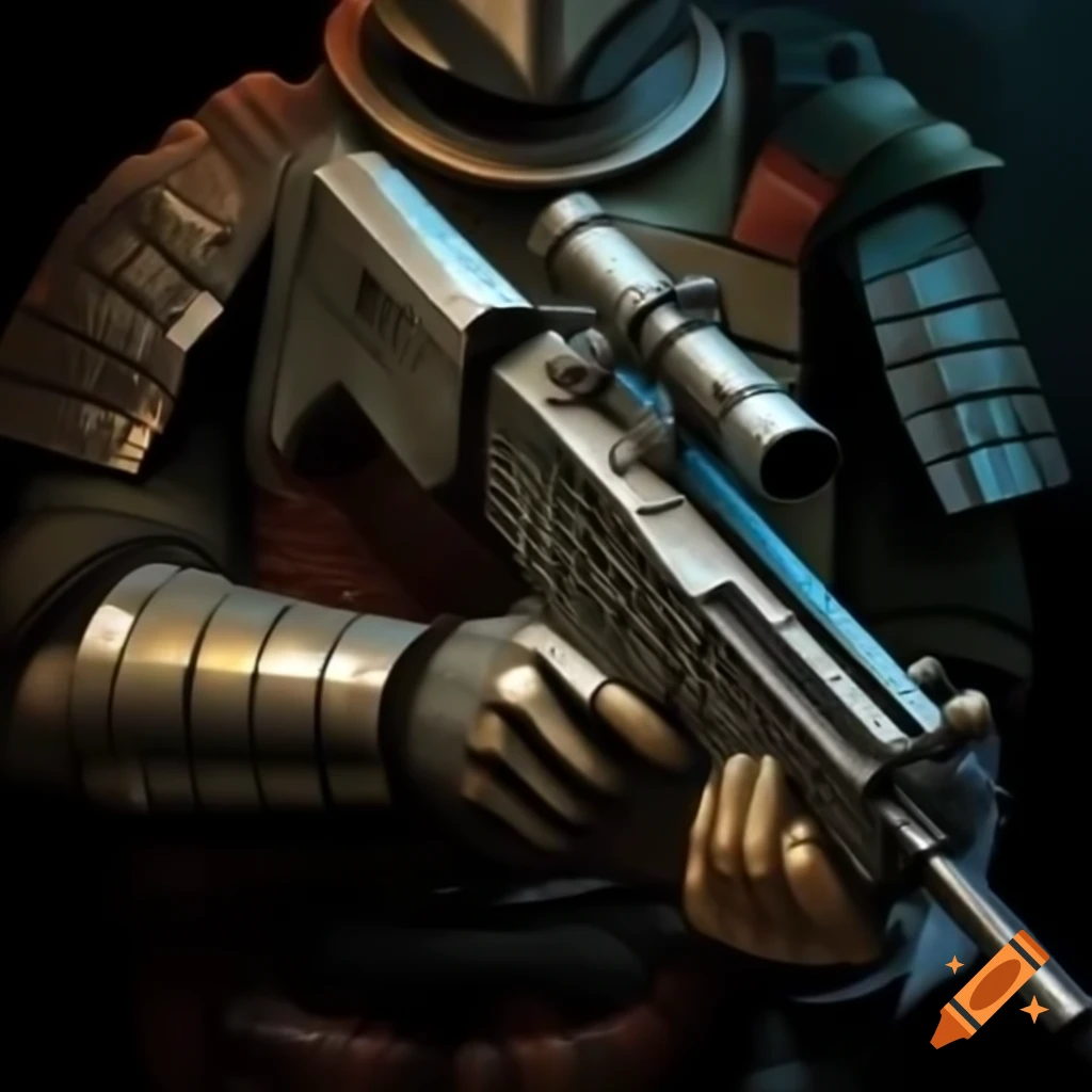 Armored hands holding Steyer AUG machine gun in graphic novel style