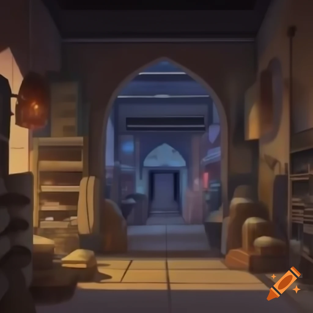 Anime battle background set in a Middle Eastern bazaar interior