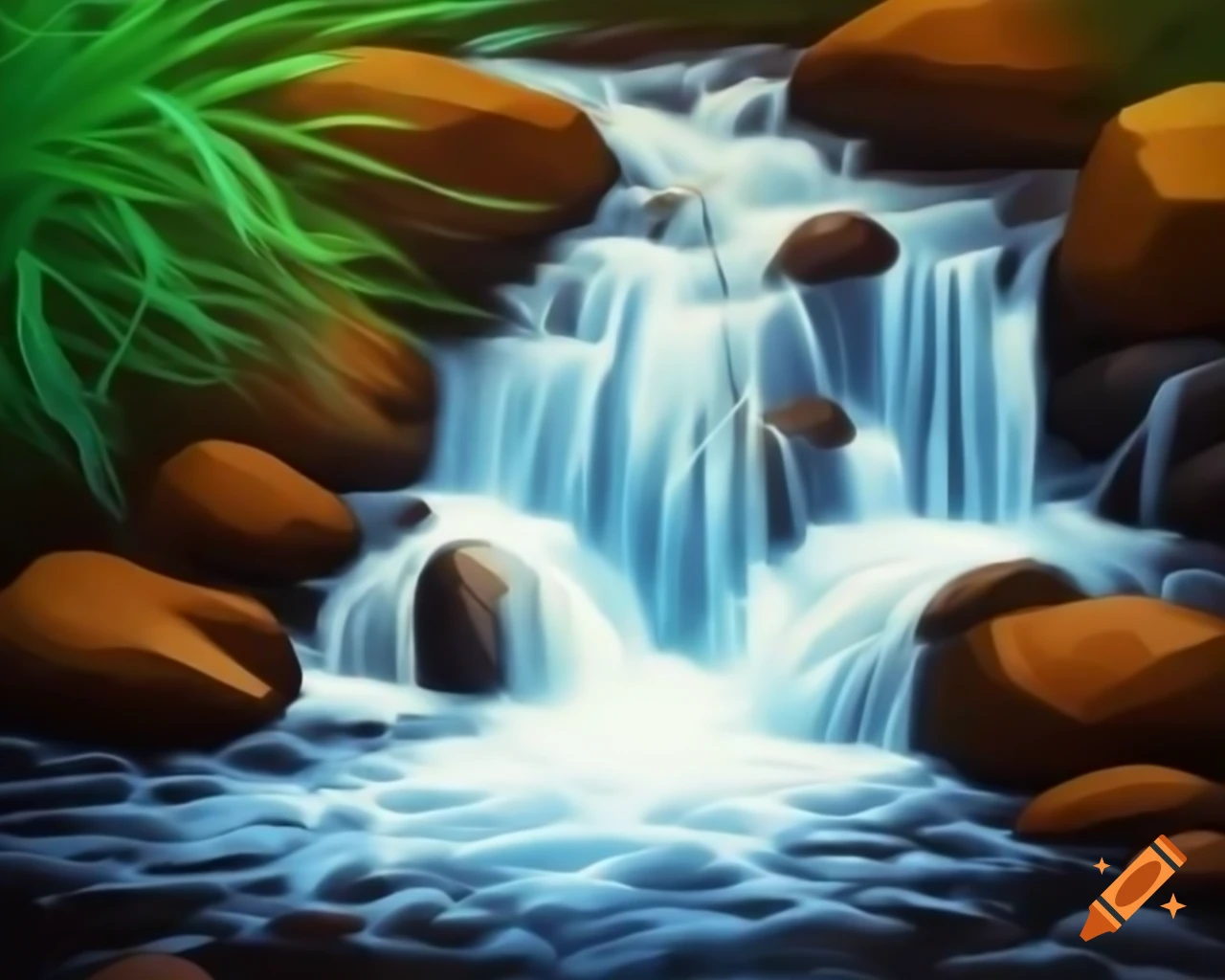 Bubbling brook cascading over stones in video game art style