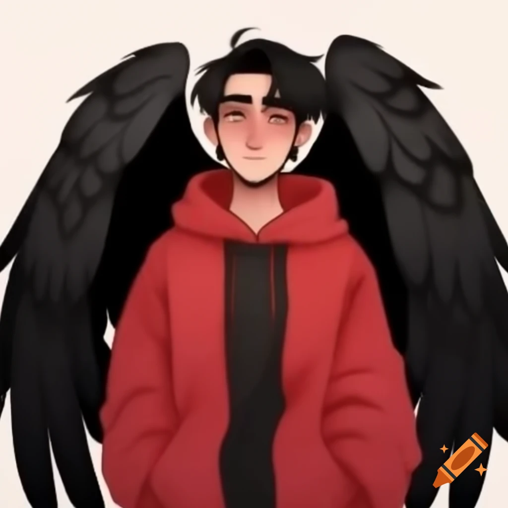 Adult male with large black wings in red hoodie