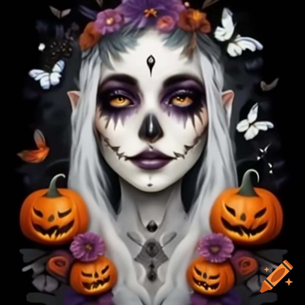 Portrait of modern witch with flowers and butterflies on black background