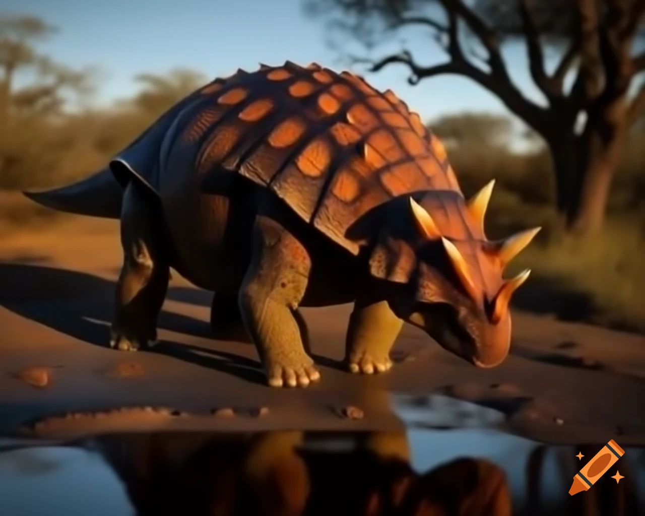 Ankylosaurus drinking in a puddle under tree shadow in sunny clearing