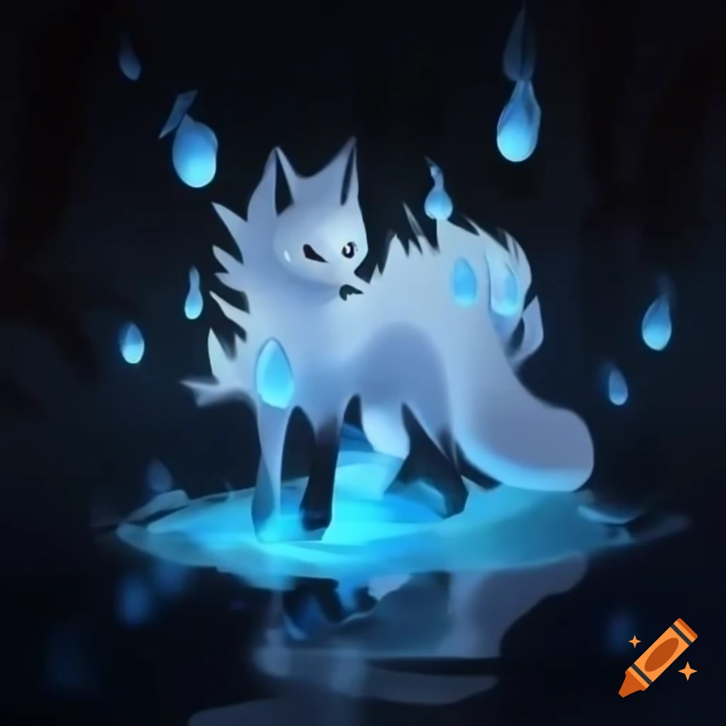 Nine-tailed white fox floating in dark forest with blue flame orbs