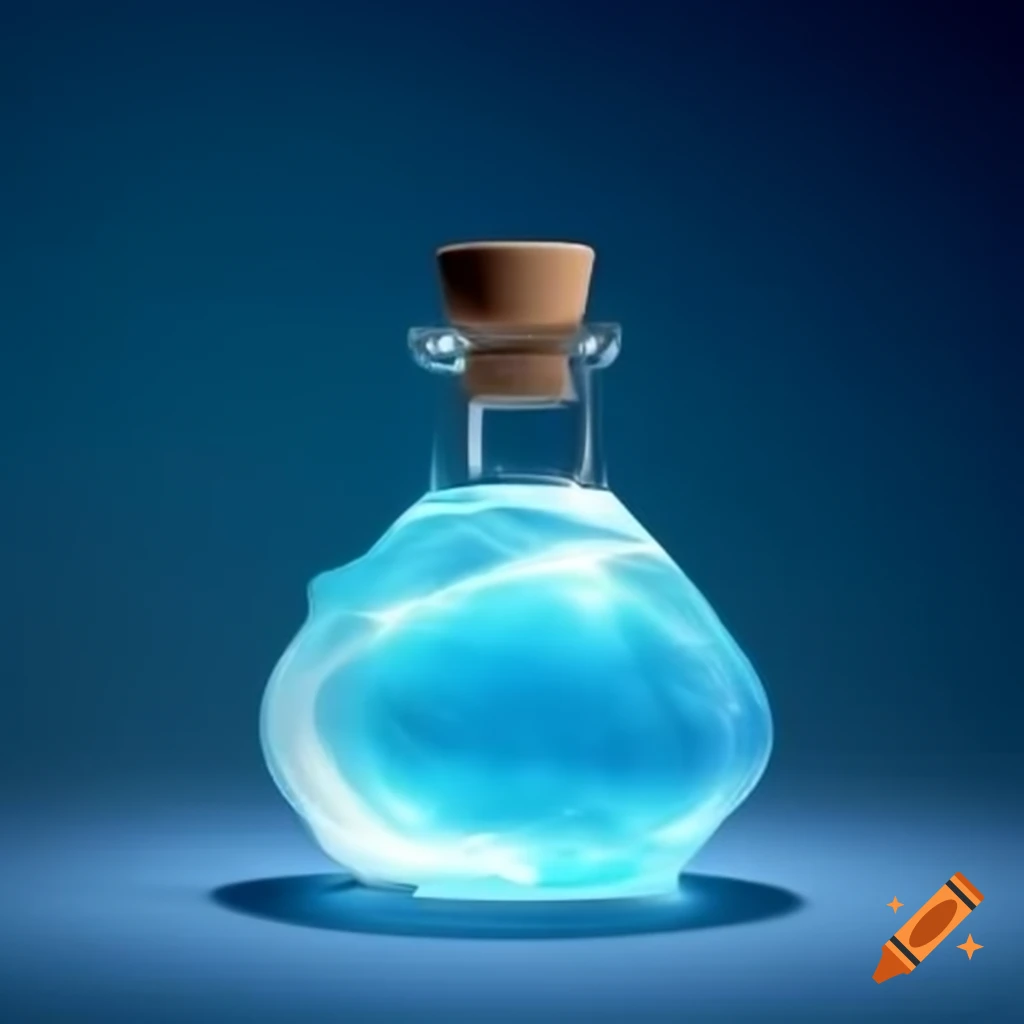 Modern glass bottle with glowing transparent liquid