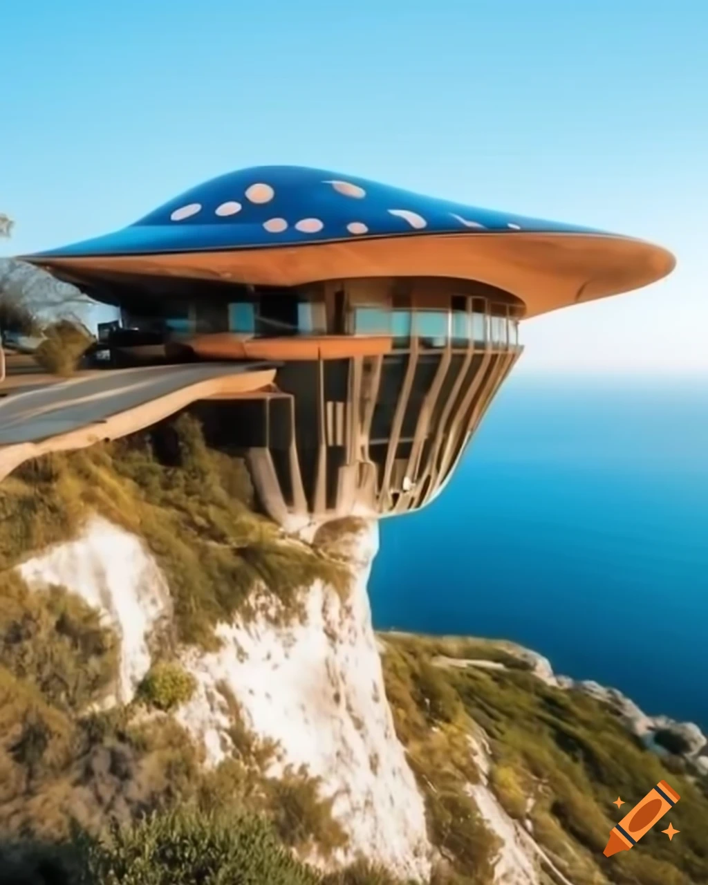 Biopunk solarpunk mushroom house on cliff overlooking azure sea
