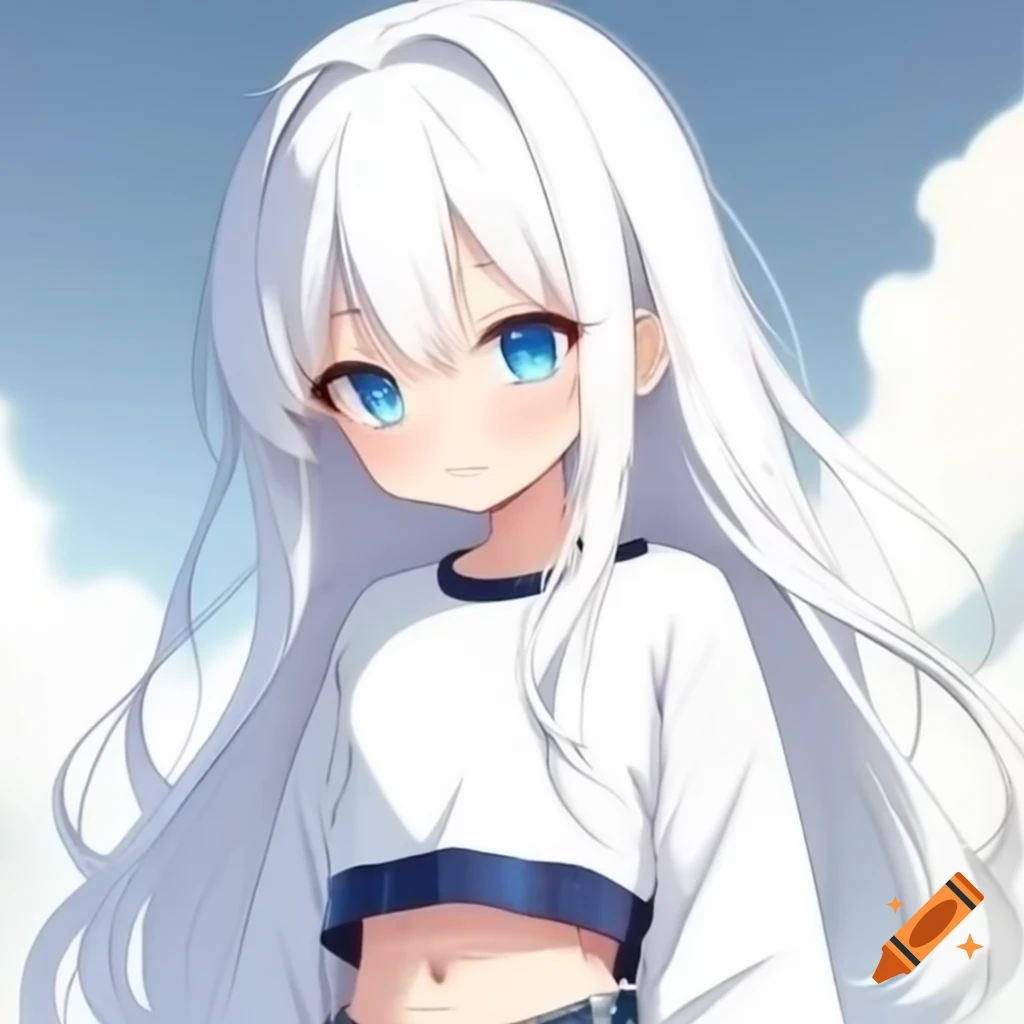 Anime girl with blue eyes and long brown hair wearing crop top and jeans