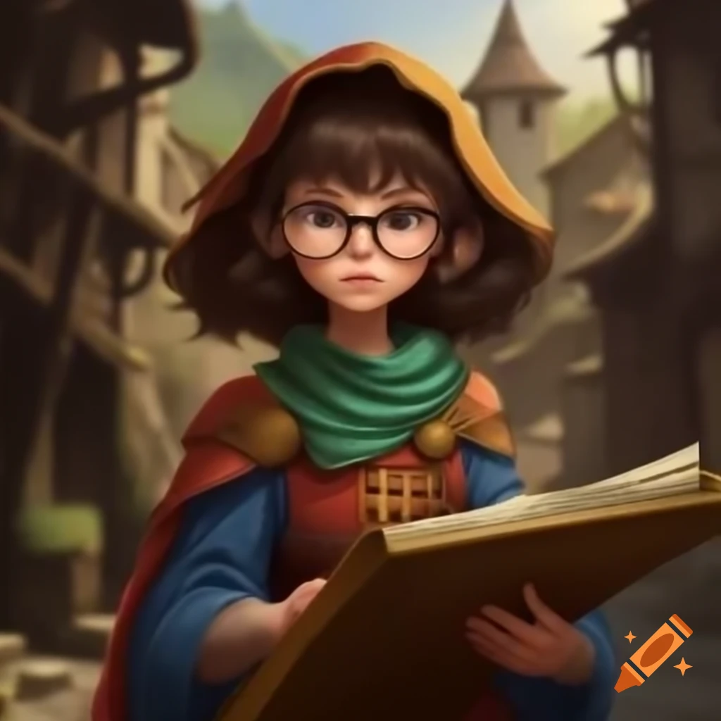 Young woman with glasses and cape holding scroll in medieval village