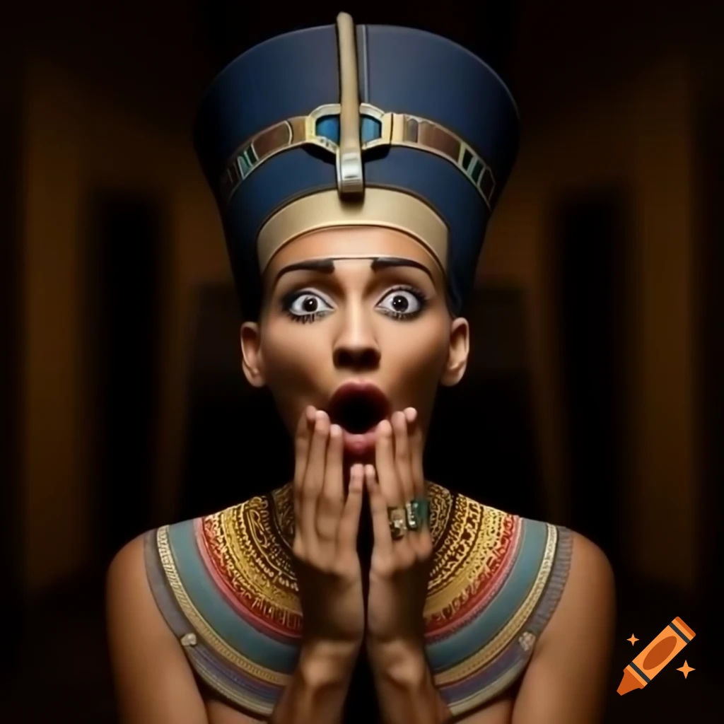 Elegant Egyptian queen displaying surprise and pain in photography, 3/4 length